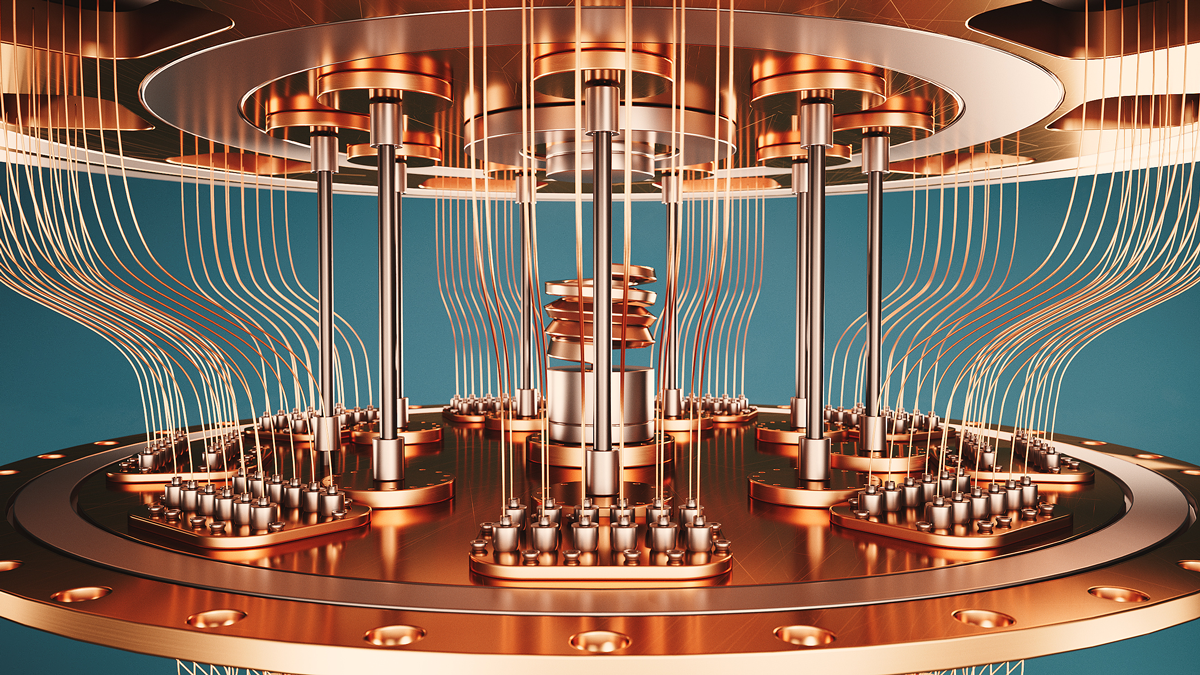 Detailansicht eines Quantencomputers mit Kühlstruktur und Kupferverkabelung