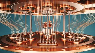 Detailansicht eines Quantencomputers mit Kühlstruktur und Kupferverkabelung